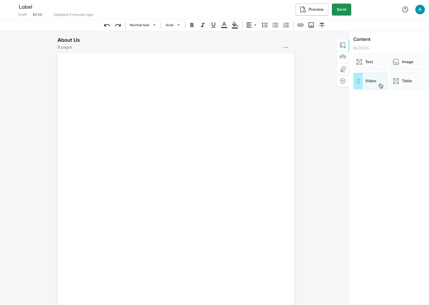 The proposal editor before the rebuild: an empty white page titled About Us, a formatting toolbar across the top, and a Content panel on the right offering only four blocks: Text, Image, Video and Table.